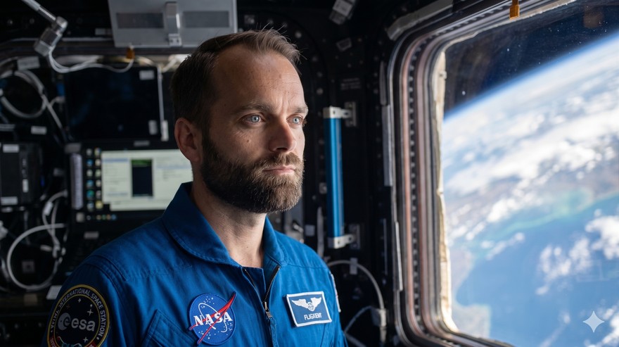 Dieselbe Person aus dem Referenzbild als Astronautin in einer Raumstation - Nano Banana Beispiel