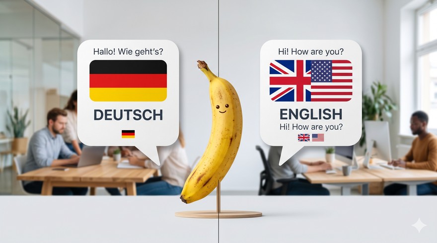 Sprechblasen auf Deutsch und Englisch mit Banane in der Mitte - Nano Banana auf Deutsch oder Englisch prompten