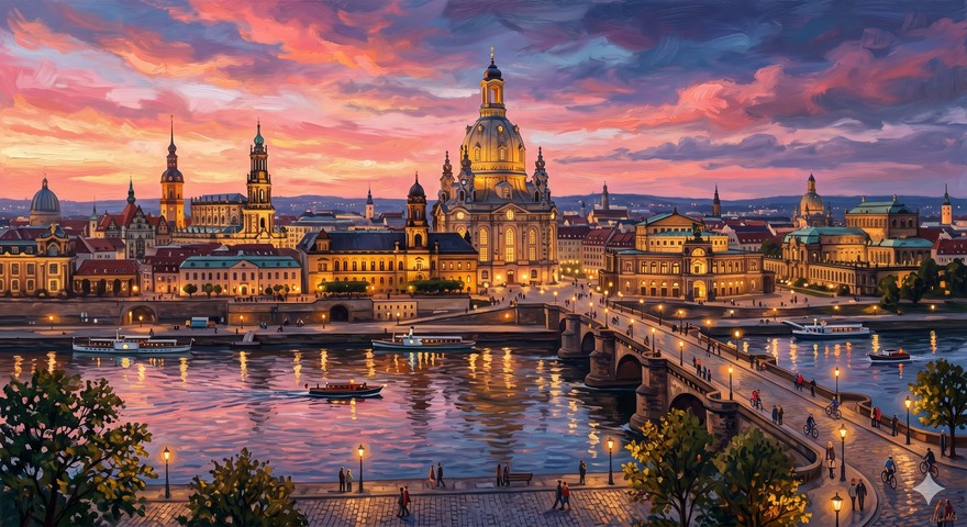 Illustration der Dresdner Altstadt in der Abenddaemmerung mit Frauenkirche und Elbe - Nano Banana Stiltransfer