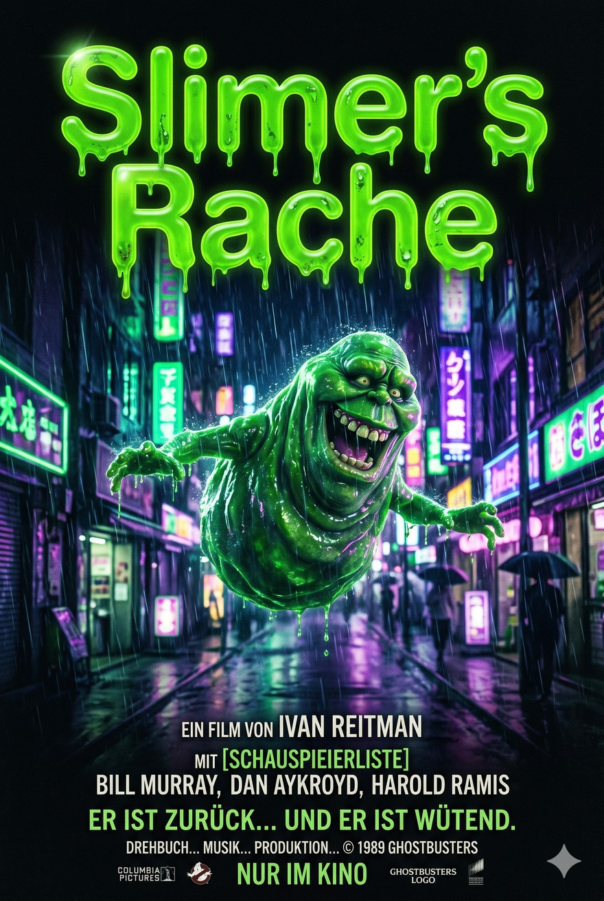 Typografisches Filmplakat Slimer's Rache mit gruener Schleim-Schrift vor Neonlichtern - Nano Banana
