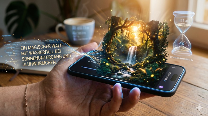 Hand mit Smartphone, auf dem ein Text-Prompt zu einem fertigen Bild wird, daneben Sanduhr - Nano Banana in 30 Sekunden