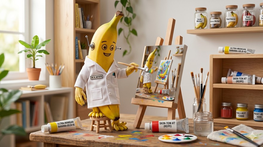 Gelbe Banane mit Roboter-Gesicht im Laborkittel malt an einer Staffelei - Nano Banana Maskottchen