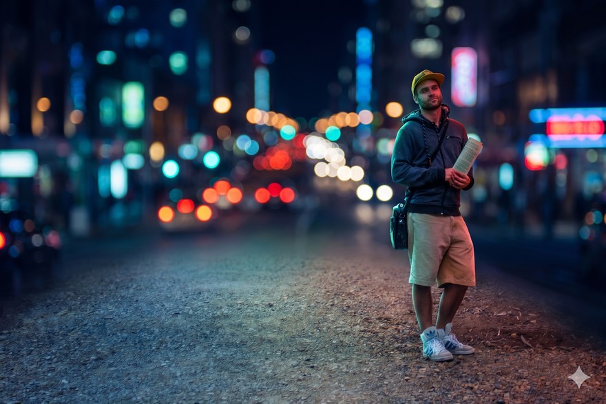 Hintergrund durch unscharfes Nachtstadt-Bokeh ersetzt, Person und Kleidung unveraendert - Nano Banana Hintergrund austauschen