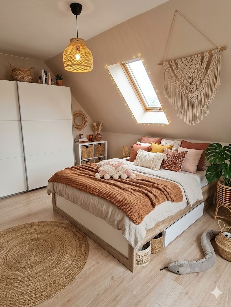 Schlafzimmer im Boho-Stil umgestylt mit Makramee, Jute-Teppich und warmen Farben - Nano Banana Interior-Mockup