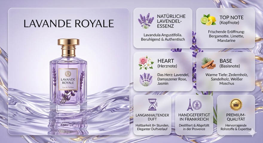 Premium-Produkt-Infografik im Liquid-Glass-Bento-Grid mit Lavendel-Parfuemflasche - Nano Banana