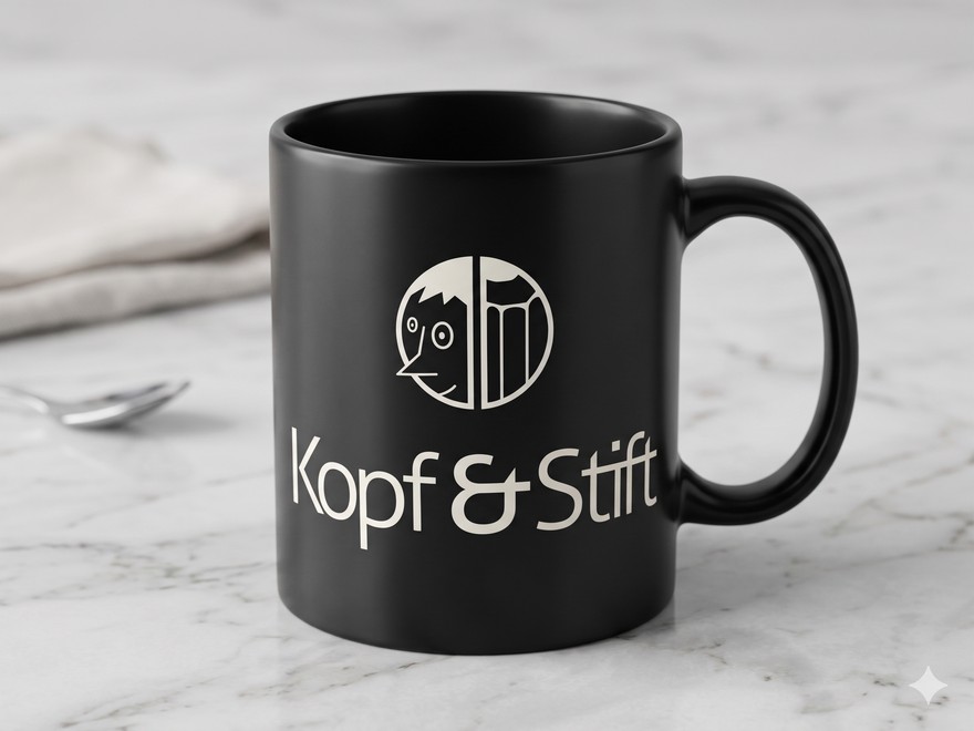 Kopf & Stift Logo zentriert auf mattschwarzer Kaffeetasse mit realistischer Kruemmung - Nano Banana Logo-Mockup