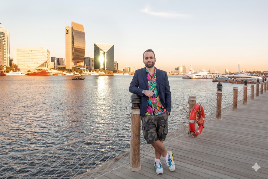 Outfit getauscht - dunkelblauer Anzug mit buntem Hawaii-Hemd, Gesicht und Hintergrund unveraendert - Nano Banana