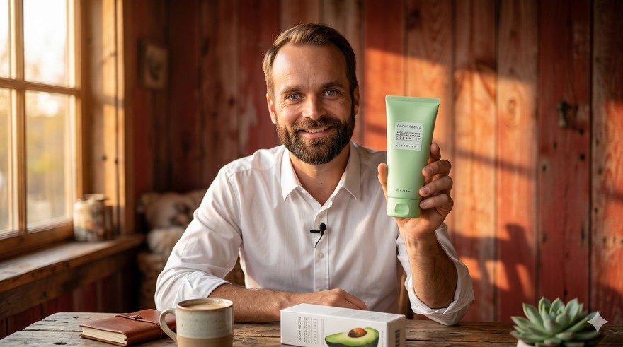 Person aus dem Referenzbild haelt ein Produkt - Nano Banana Multi-Image-Fusion Lifestyle-Kampagne