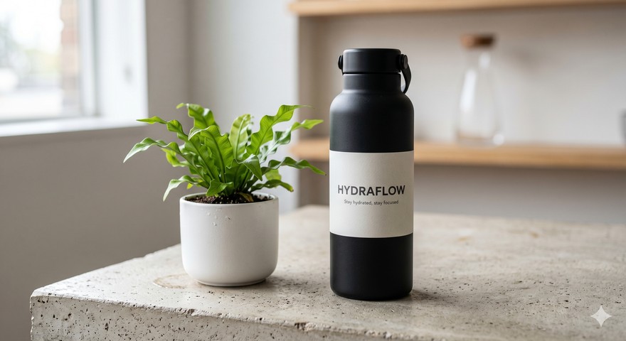 Mattschwarze Edelstahl-Wasserflasche HYDRAFLOW mit Farn auf Betontisch - Nano Banana Produktfoto