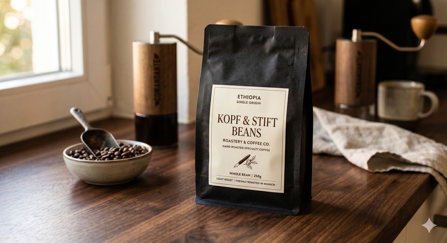 Premium-Kaffeebeutel auf Nussbaumholz mit Etikett KOPF & STIFT BEANS - Nano Banana Produktverpackung