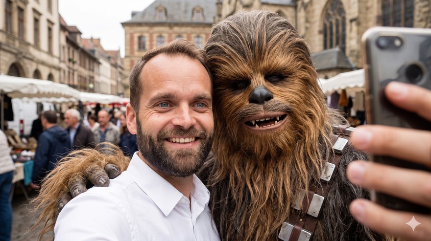 Lockeres Selfie der Person aus dem Referenzbild mit einem Wookiee aus Star Wars - Nano Banana Selfie mit Idol