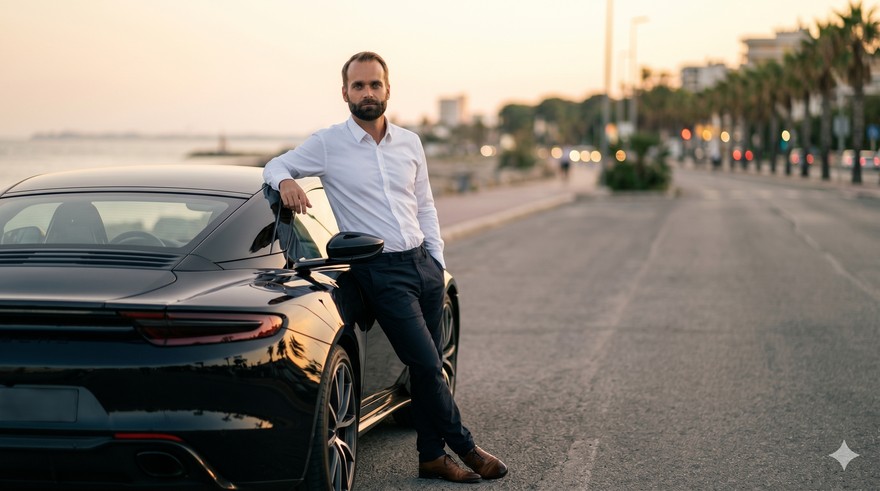 Dieselbe Person aus dem Referenzbild lehnt an einem schwarzen Sportwagen - Nano Banana High-Fashion-Porträt
