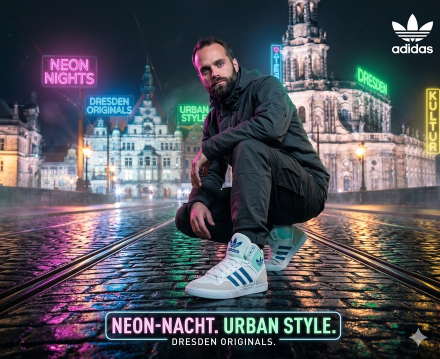 Streetwear-Werbeanzeige aus drei kombinierten Bildern - Person, Sneaker und Neon-Strasse - Nano Banana Multi-Image-Fusion
