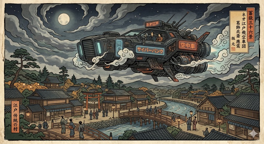 Ukiyo-e-Holzschnitt im Edo-Stil mit Cyberpunk-Flugauto ueber traditionellem Dorf - Nano Banana