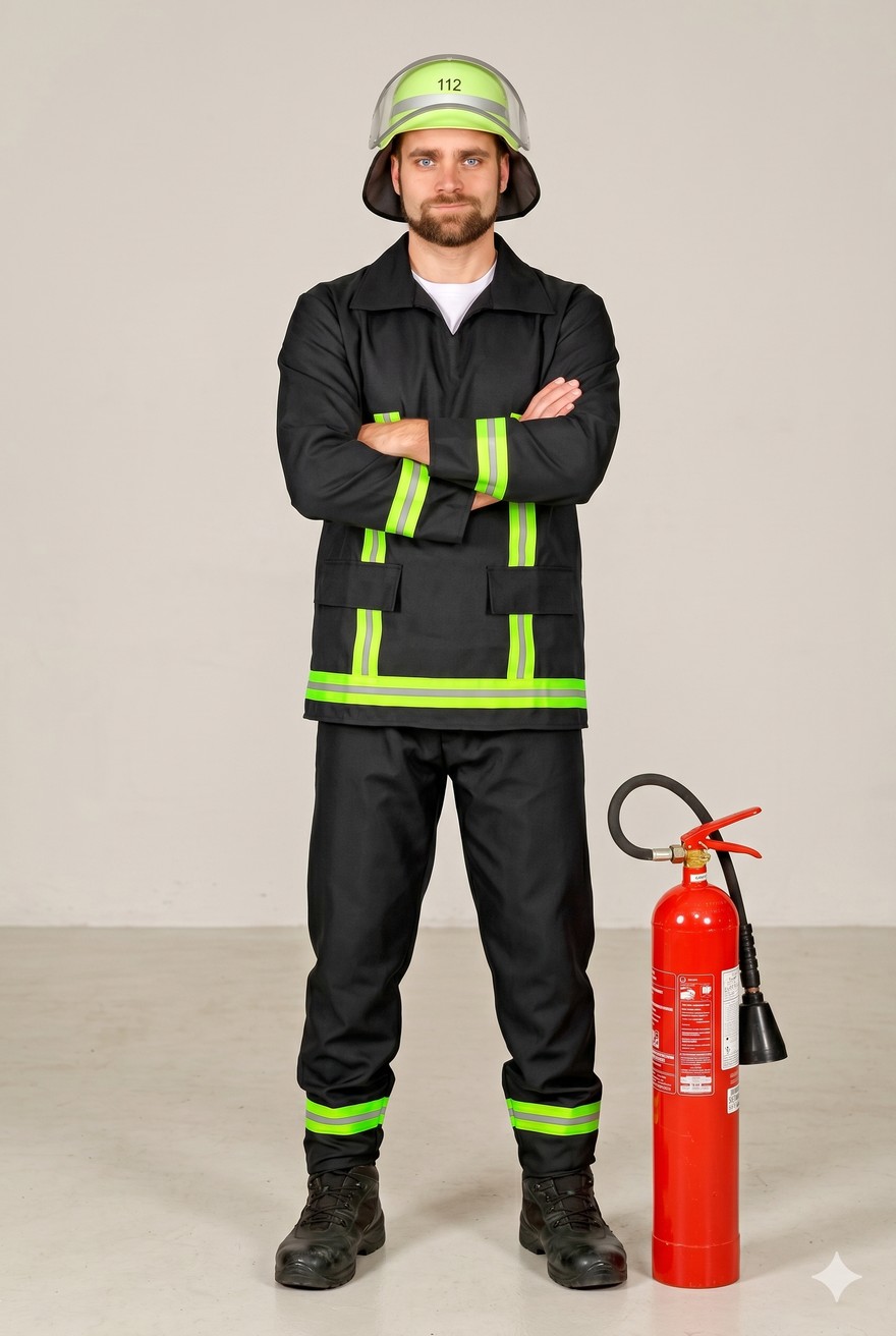 Person mit dem Kleidungsstueck aus Bild B angezogen - Feuerwehr-Outfit, virtuelles Anprobieren - Nano Banana Try-On