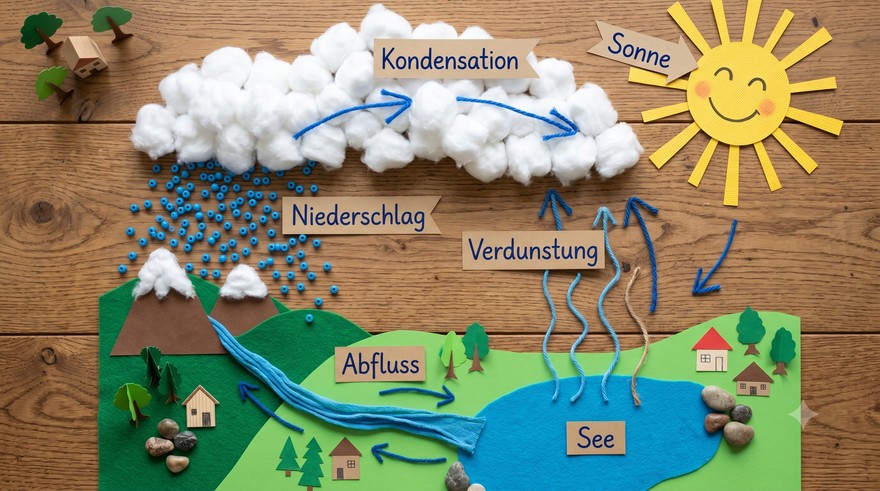 Gebastelte Flat-Lay-Infografik zum Wasserkreislauf mit Wattewolken und blauen Perlen - Nano Banana