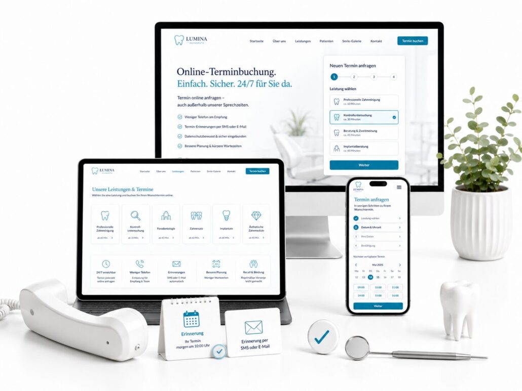 Online-Terminbuchung für die Zahnarztpraxis auf Desktop, Tablet und Smartphone
