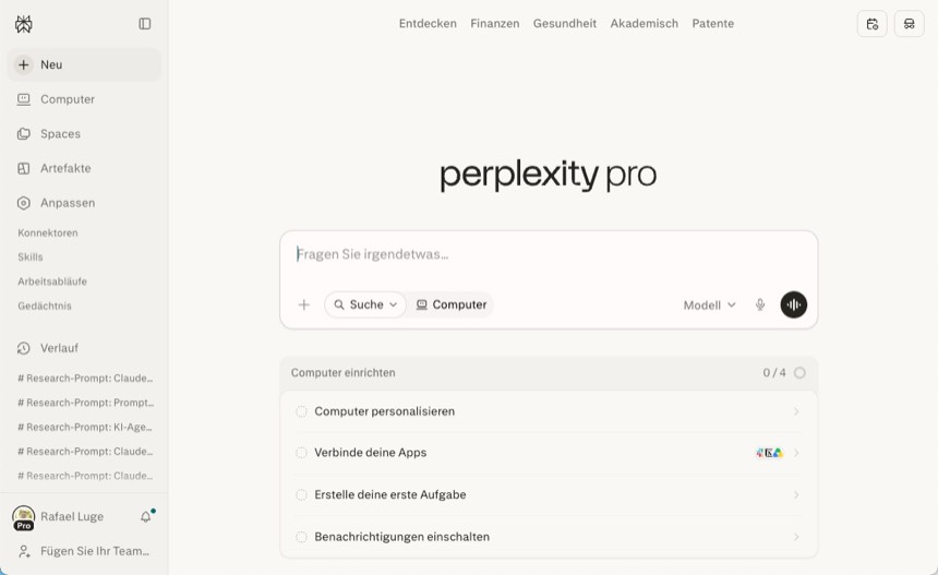 Perplexity Pro Startseite für Deep Research