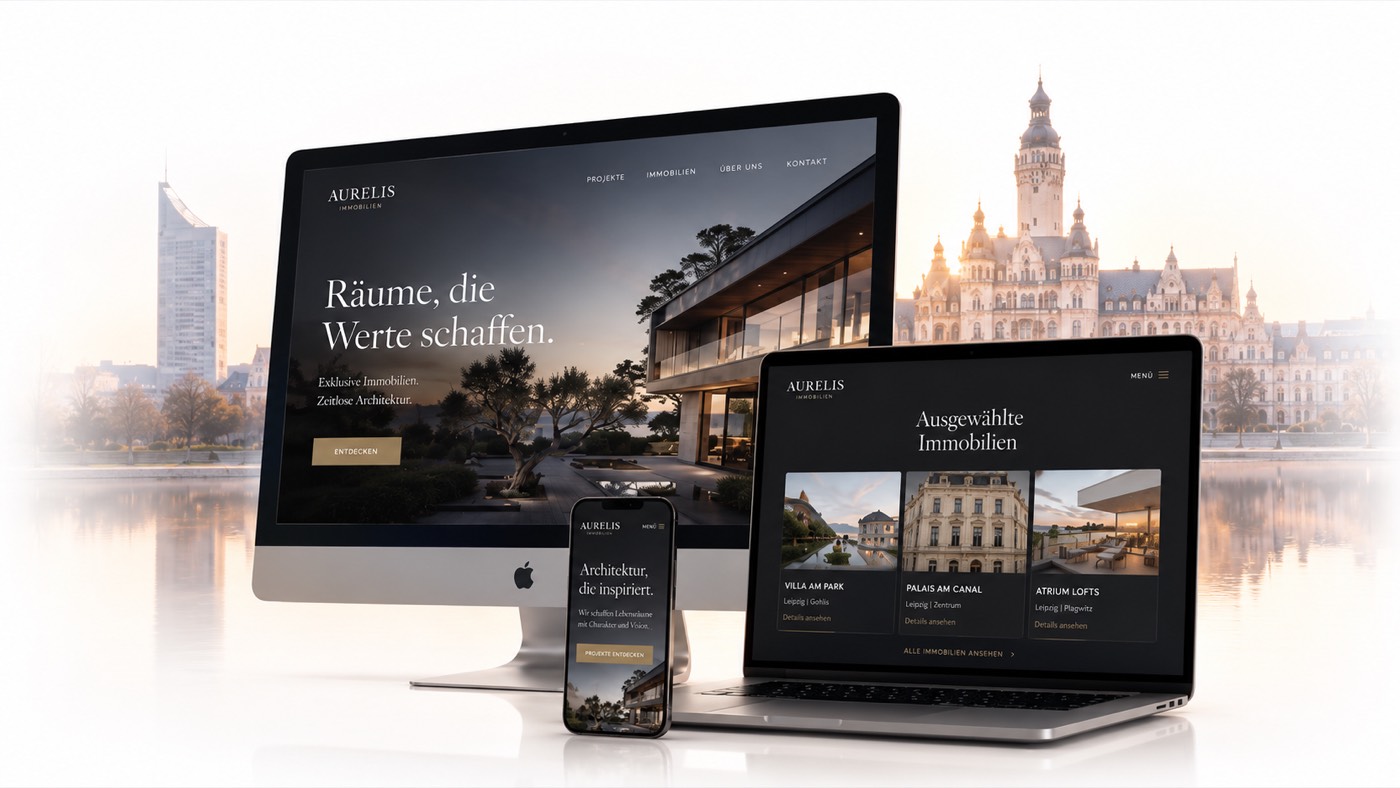 Webdesign Leipzig – responsive Webseite auf Desktop, Laptop und Smartphone vor Leipziger Skyline