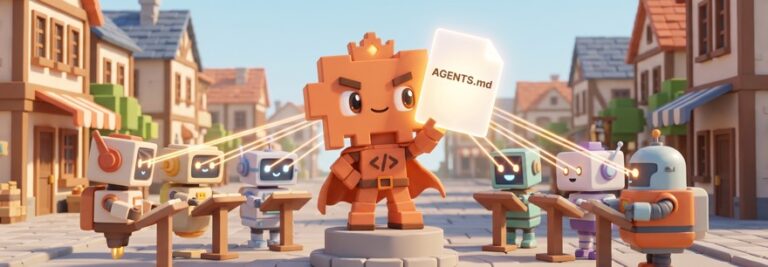 AGENTS.md: Maskottchen hält eine Datei hoch, die von mehreren KI-Coding-Tools gemeinsam gelesen wird