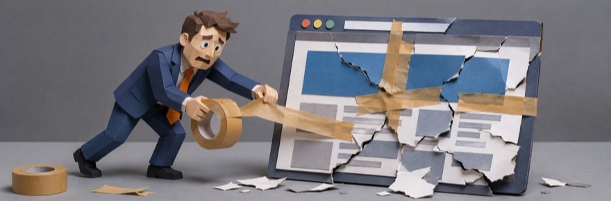 Papierfigur klebt eine zerbrochene Website mit Paketband zusammen