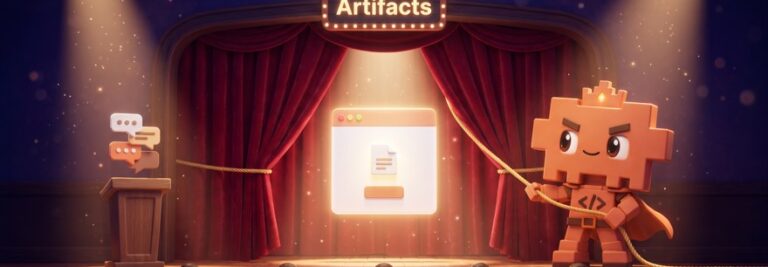 Claude Artifacts: Maskottchen zwischen Chat-Fenster und einem eigenen Ergebnis-Fenster mit fertigem Dokument und Mini-App
