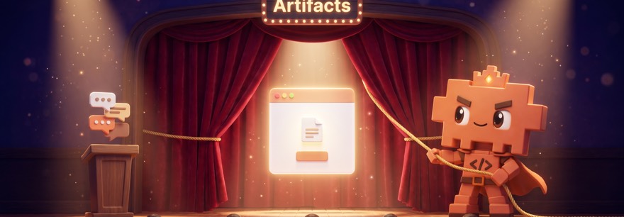 Claude Artifacts: Maskottchen zwischen Chat-Fenster und einem eigenen Ergebnis-Fenster mit fertigem Dokument und Mini-App