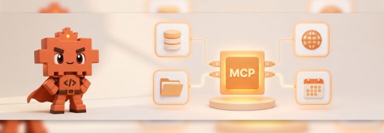 MCP Server für Claude Code: Maskottchen verbindet Werkzeuge über einen leuchtenden MCP-Hub