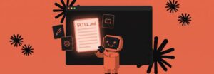 Claude Code Skills: Maskottchen hält eine leuchtende SKILL.md umgeben von Fähigkeiten-Karten