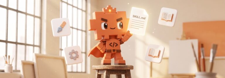 Claude Code Skills: Maskottchen hält eine leuchtende SKILL.md umgeben von Fähigkeiten-Karten