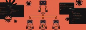 Claude Code Subagenten: Maskottchen delegiert Aufgaben an drei kleine Spezialisten-Roboter