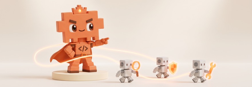 Claude Code Subagenten: Maskottchen delegiert Aufgaben an drei kleine Spezialisten-Roboter