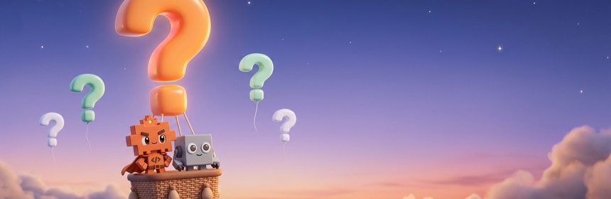 FAQ Häufige Fragen zu Claude Code und Codex, Maskottchen neben einem großen Fragezeichen-Block