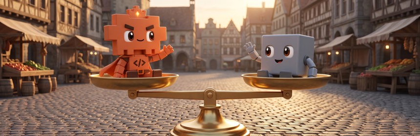 Claude Code vs Codex: Der direkte Vergleich Direkter Vergleich: Zwei gegenüberstehende Fenster claude und codex auf einer Pixel-Waage, Maskottchen als Schiedsrichter