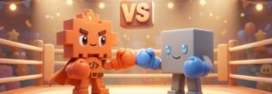 Claude Code vs Cursor: Maskottchen steht zwischen einem dunklen Terminal-Fenster und einem grafischen Editor-Fenster, dazwischen ein oranger VS-Block
