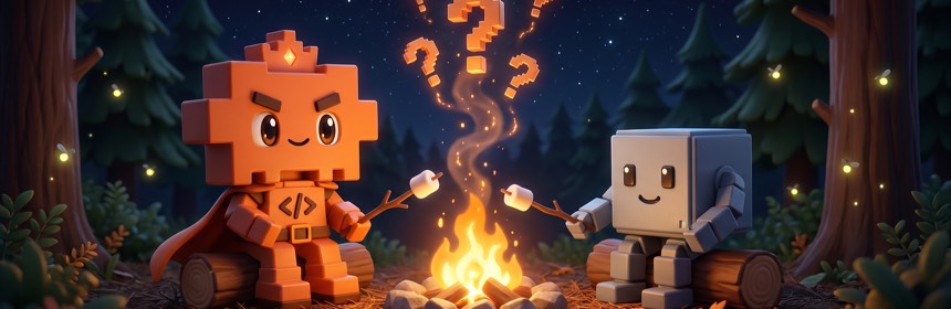 Häufige Fragen (FAQ) Häufige Fragen: Maskottchen sitzt neben einem großen schwarzen Pixel-Fragezeichen-Block, drumherum schweben dunkle Karten mit Fragezeichen