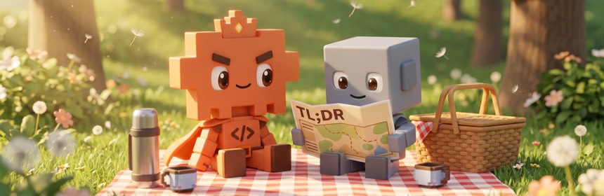 Kurzantwort (TL;DR) Kurzantwort: Zwei dunkle Karten nebeneinander, links ein Terminal, rechts ein Editor, dazu der Kurzhinweis TL;DR