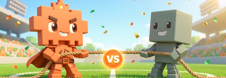 Claude vs ChatGPT: Maskottchen stellt zwei KI-Werkzeuge gegenüber mit VS-Block in der Mitte