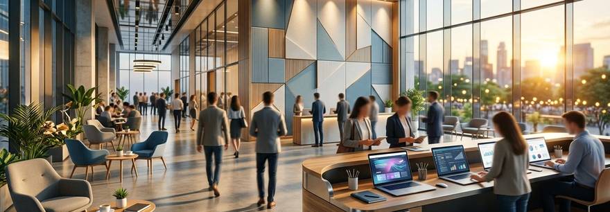 WordPress-Event vermarkten: moderner Veranstaltungsort mit Markenwand und digitaler Organisation