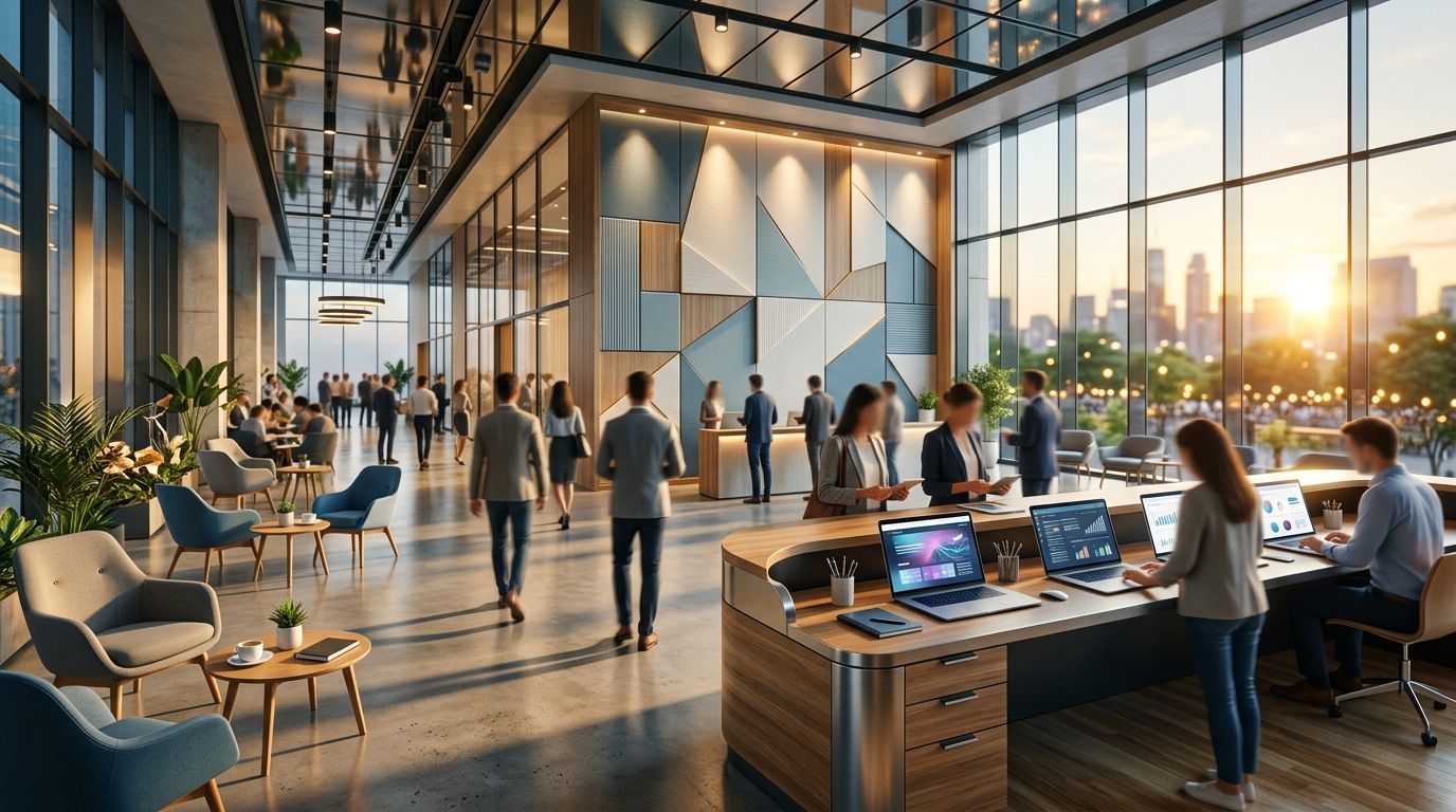 WordPress-Event vermarkten: moderner Veranstaltungsort mit Markenwand und digitaler Organisation