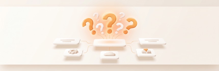 Häufig gestellte Fragen Häufige Fragen zu Framer und Webflow, dargestellt durch schwebende glänzende 3D-Fragezeichen