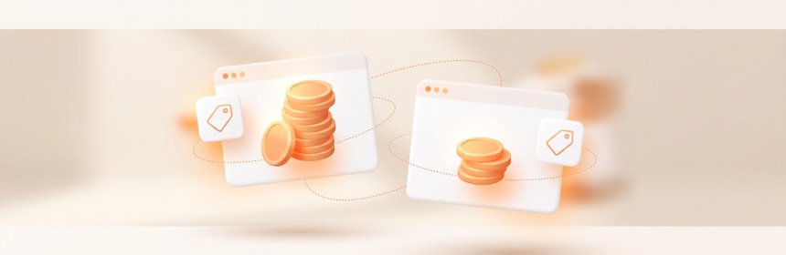 Preise Preisvergleich der beiden Design-Builder: Münzen und Preisschilder neben zwei Website-Karten