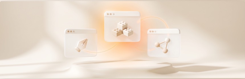 Framer vs. WordPress vs. Webflow Framer, WordPress und Webflow im Dreier-Vergleich: drei Browser-Karten auf einem Podium