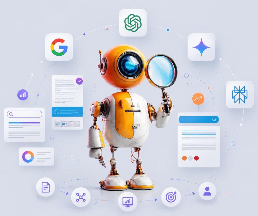 Roboter mit Lupe umgeben von ChatGPT-, Google-, Gemini- und Claude-Logos als Symbol für GEO Optimierung in KI-Suchmaschinen