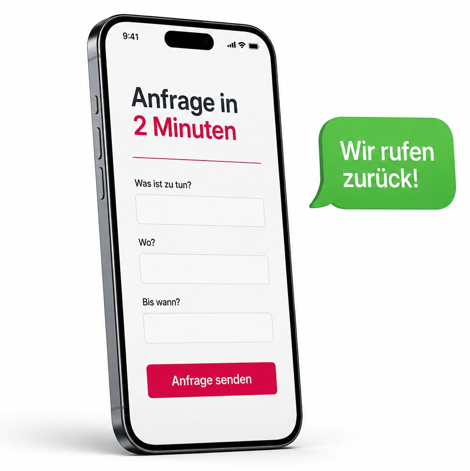 Smartphone mit kurzem Anfrageformular einer Handwerker-Website – Anfrage in zwei Minuten, wir rufen zurück