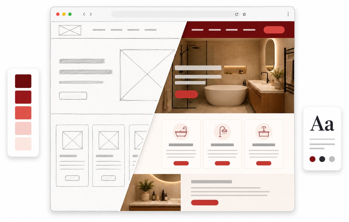 Browserfenster: links Bleistift-Skizze, rechts die fertige Handwerker-Website, daneben Farbpalette und Schriftmuster