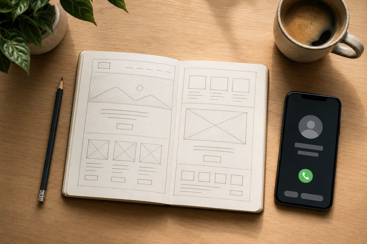 Notizbuch mit handgezeichneter Website-Skizze, Bleistift, Kaffee und Smartphone mit eingehendem Anruf – Erstgespräch