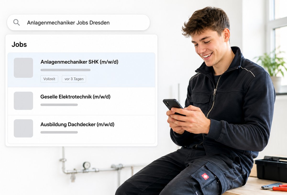 Junger Handwerker-Bewerber schaut auf sein Smartphone, daneben die Google-Jobs-Anzeigen für Anlagenmechaniker, Elektro-Geselle und Dachdecker-Ausbildung