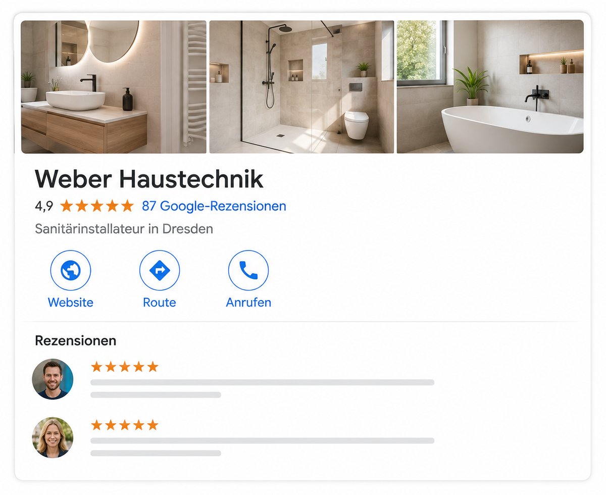 Google-Unternehmensprofil eines Sanitärbetriebs mit 4,9 Sternen, 87 Rezensionen und Badezimmer-Fotos