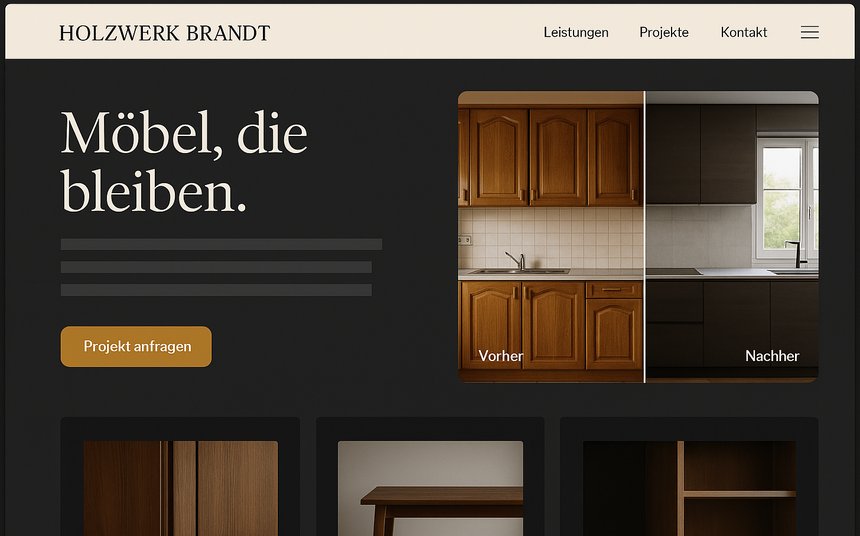 Webdesign-Konzept für eine Tischlerei – Holzwerk Brandt, dunkles Design